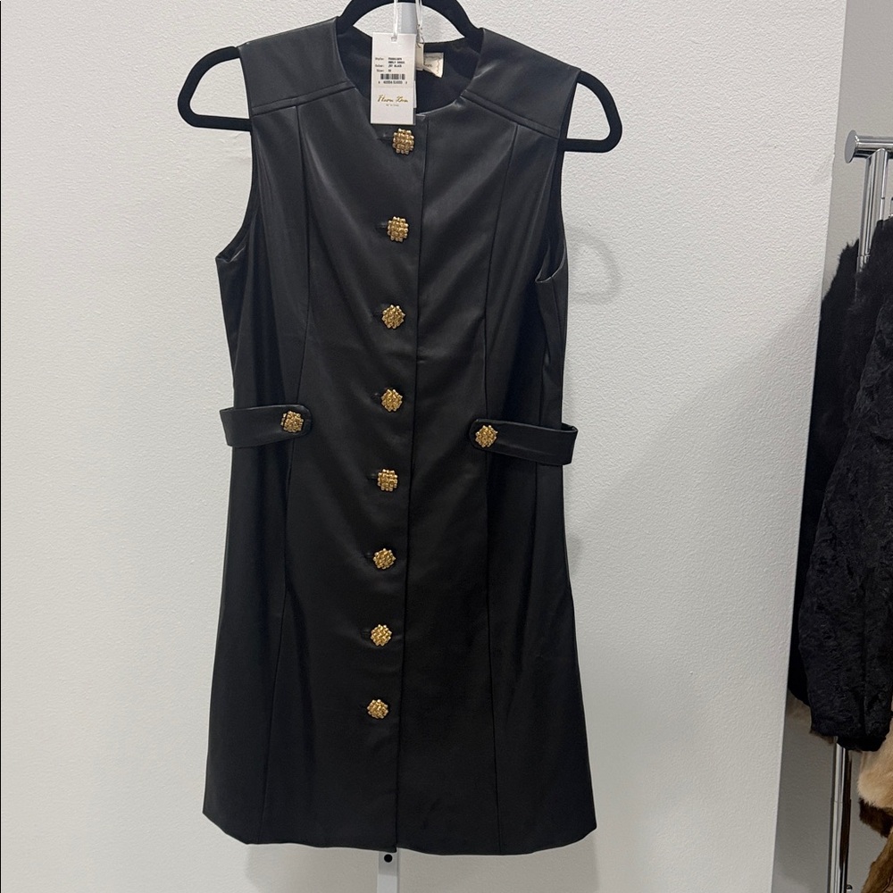 Elegant Black Vegan Leather Dress with Gold Button Details